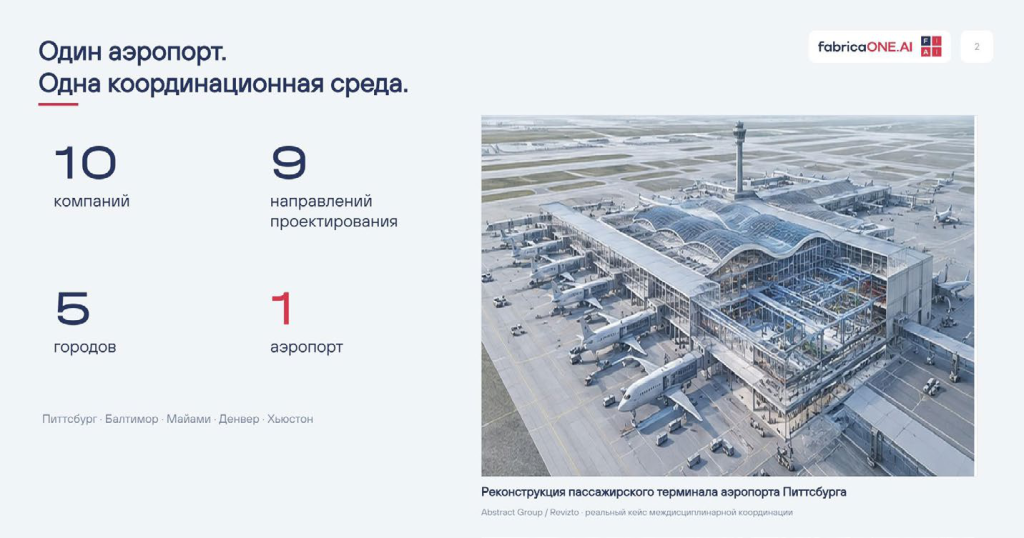 Реконструкция пассажирского терминала аэропорта Питтсбурга: 10 компаний, 9 направлений проектирования, 5 городов. Слайд из доклада автора 01_Aeroport_Pittsburgh.png